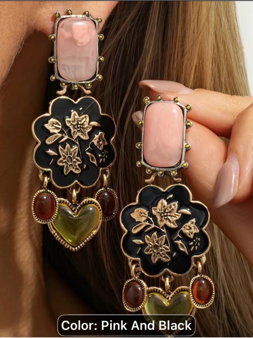 Pink and Black Floral Heart Drop Earrings with Gold Accents